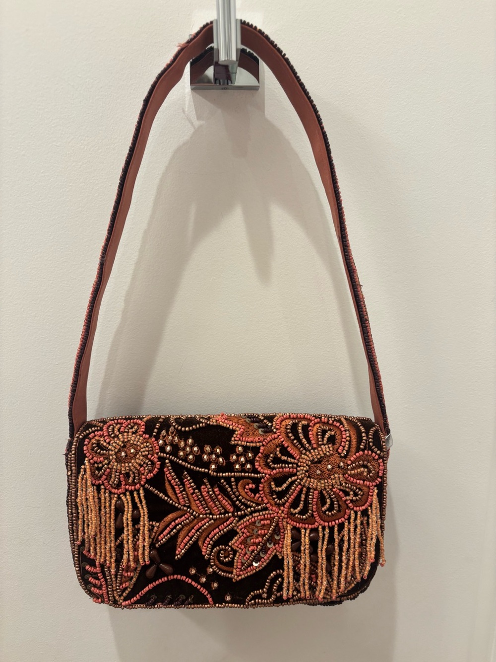 NWT Made in India Embroidered Beaded Floral Shoulder Bag in Brown and Coral